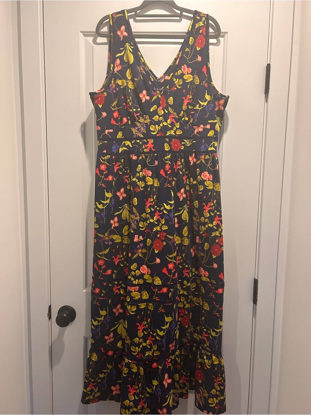 Land’s End Women’s V-Neck Floral Maxi Dress in Navy with Multicolor Print